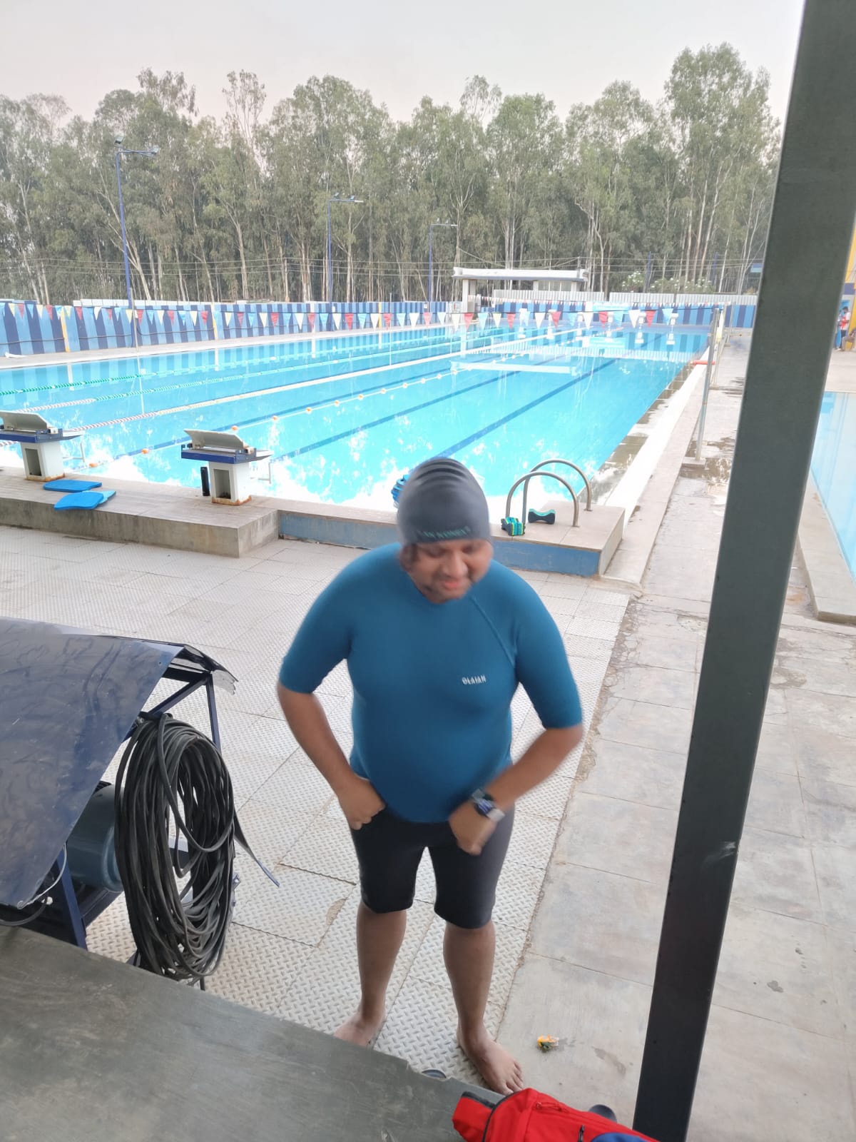 Wearing a swim suit during my first week.